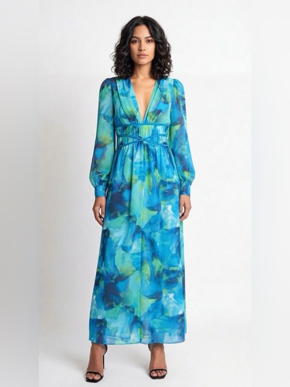 Blue Maxi Gown with Plunge Neck and Bishop transparent Sleeves